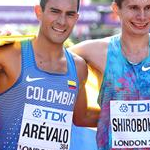 Men 20km - Eider Arevalo and Sergey Shirobokov celebrates gold and silver